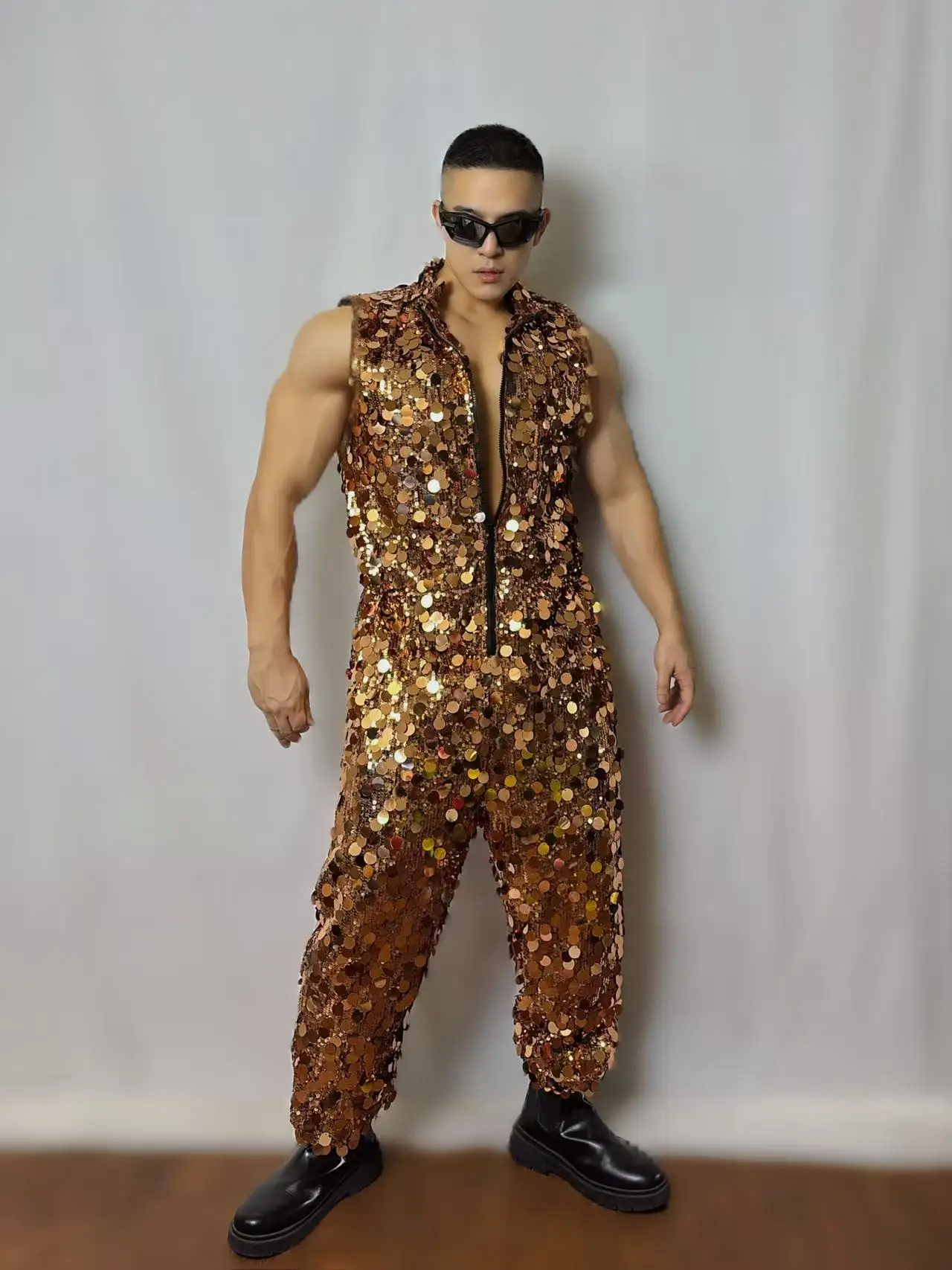 Glitter Oro Argento Paillettes Tuta senza maniche Hip Hop Dance Outfit Festival Party Nightclub Bar Gogo Performance Costume di scena