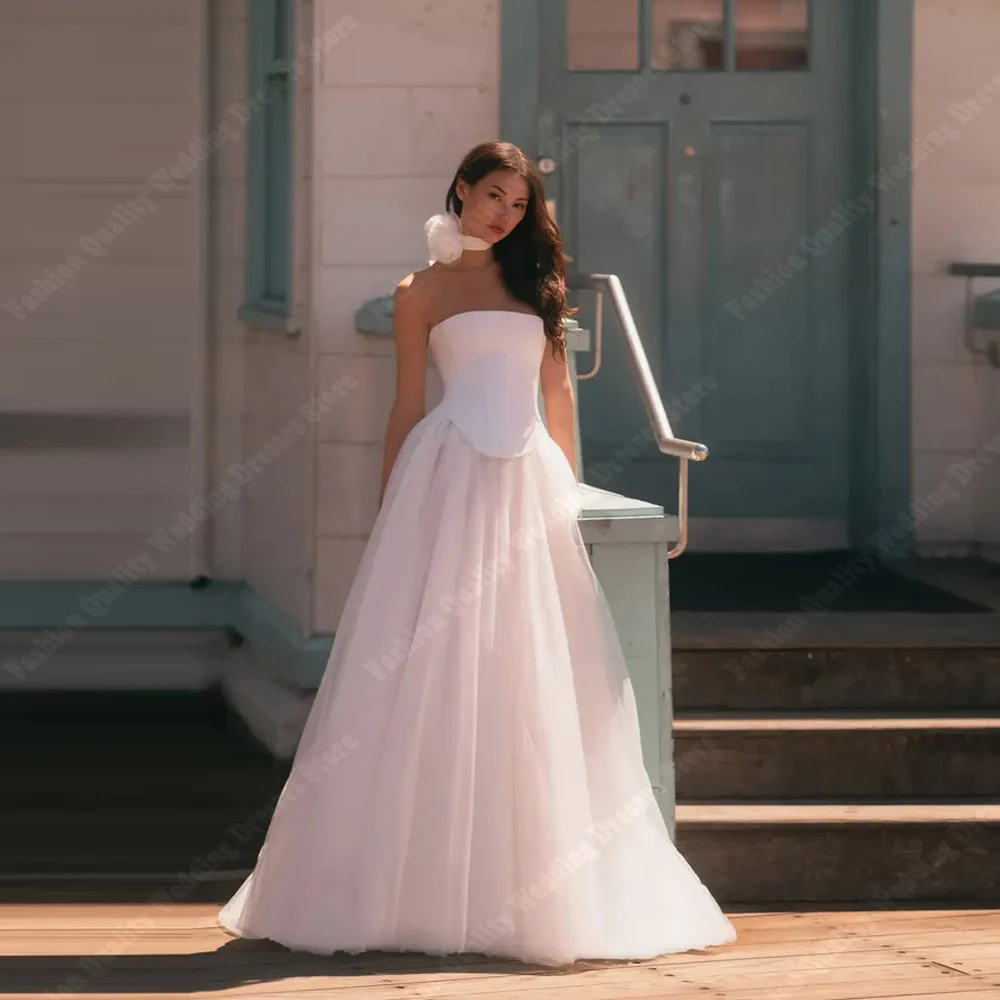 

Романтические свадебные платья для женщин, сексуальные тюлевые платья трапециевидной формы без бретелек без рукавов для невесты, длина для мытья полов, Vestido De Novia по индивидуальному заказу