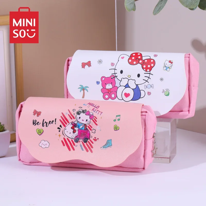 Hello Kitty Canvas Pencil Case Kuromi Cartoon Miniso Zipper Double Layer Large Capacity Pen Bag School Stationery Student Gifts