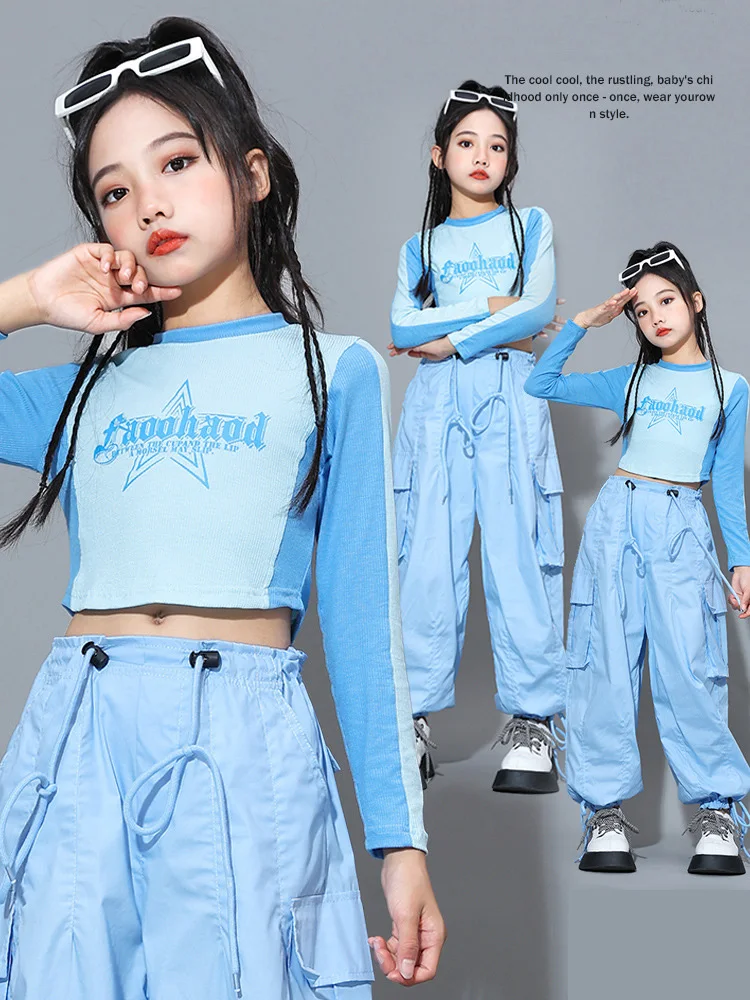 

Girl Hip Hop Dance Costume Children Blue Sleeveless Top Joggers Pants Kids Jazz Street Performance Clothes sets