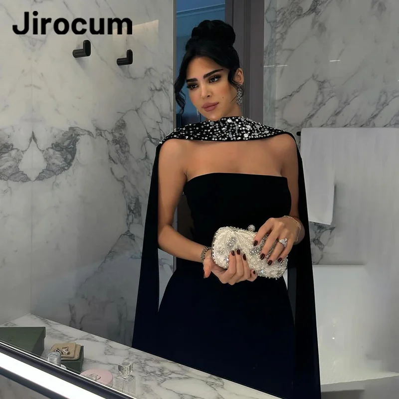 Jirocum elegante preto Prom Dress Strapless frisado diamante vestido de noite comprimento do tornozelo Vestidos de ocasião formal personalizado