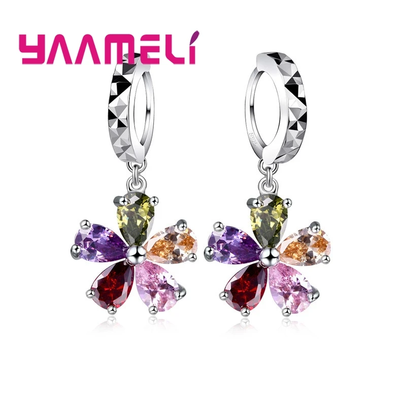 Flowers Shining Colorful CZ Crystal Dangle Huggie Earrings 925 Sterling Silver Loop Hoop Earwires Wedding Jewelry image 2