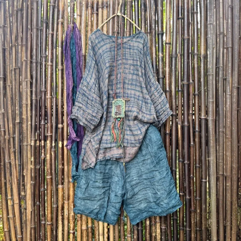 

Льняная миди-рубашка с принтом и V-образным вырезом, свободного кроя, летняя, легкая, с защитой от солнца, повседневная, с художественным дизайном, удобная, дышащая