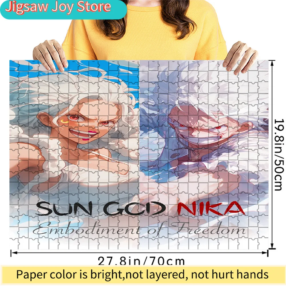 

Premium Paper Jigsaw Puzzle Featuring One Piece Sun God Nika Form Artwork with Monkey D. Luffy and a Female Character in White C