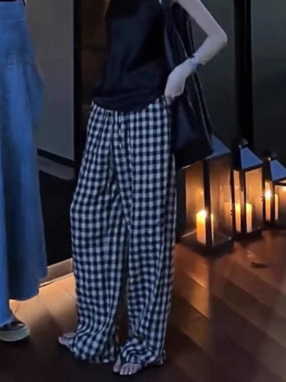 Vintage Black White Plaid Wide Leg Pants Women's Casual Straight Cut Loose Fitting Trousers Spring 2025 Style High Waist