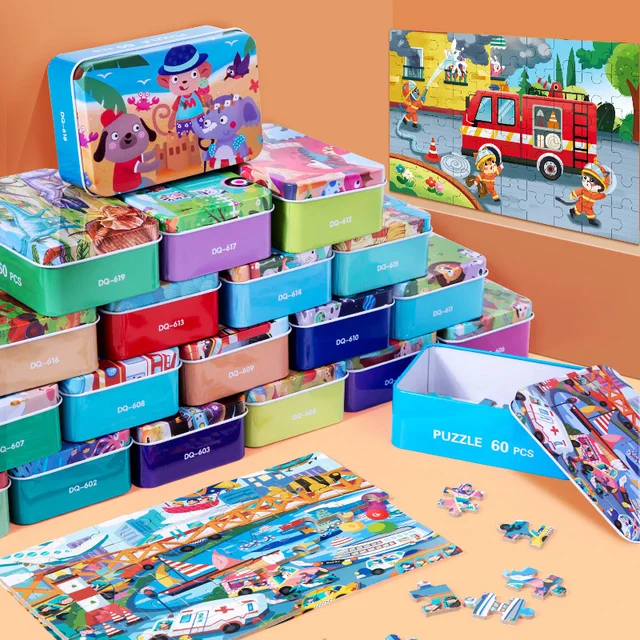 60 sztuk/zestaw dzieci drewniane puzzle Cartoon pojazd ze zwierzętami wzór dinozaura układanka z żelaznym pudełkiem dziecko wczesne zabawki edukacyjne prezent