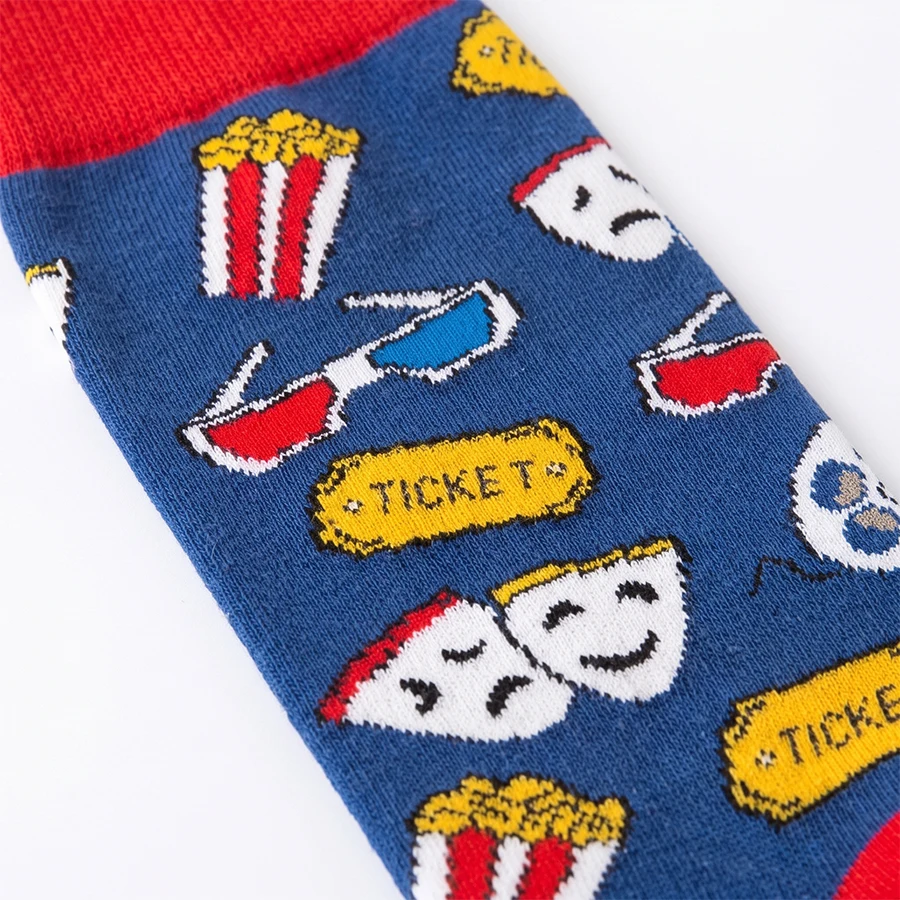 1 Pair of Unisex Fun Movie Popcorn Pattern Socks with Contrasting Red Edges, Made of Breathable Polyester, Unique and Novel Mid-Calf Socks Suitable for Autumn and Winter Parties and Gift-Giving