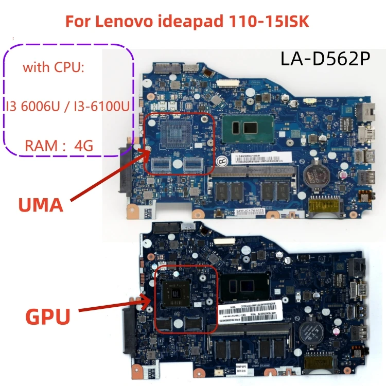 LA-D562P motherboard For Lenovo ideapad 110-15ISK Laptop motherboard with CPU I3-6006U / 6100U RAM 4G DDR4 100% test work