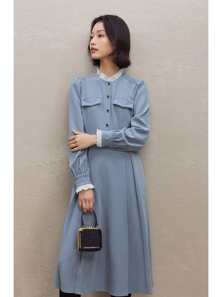 ZIQIAO French Hepburn Style Blue Dress for Women Autumn Winter New Design Wood Ear Edge Casual Mid-length Chic Dress 23ZQ94386