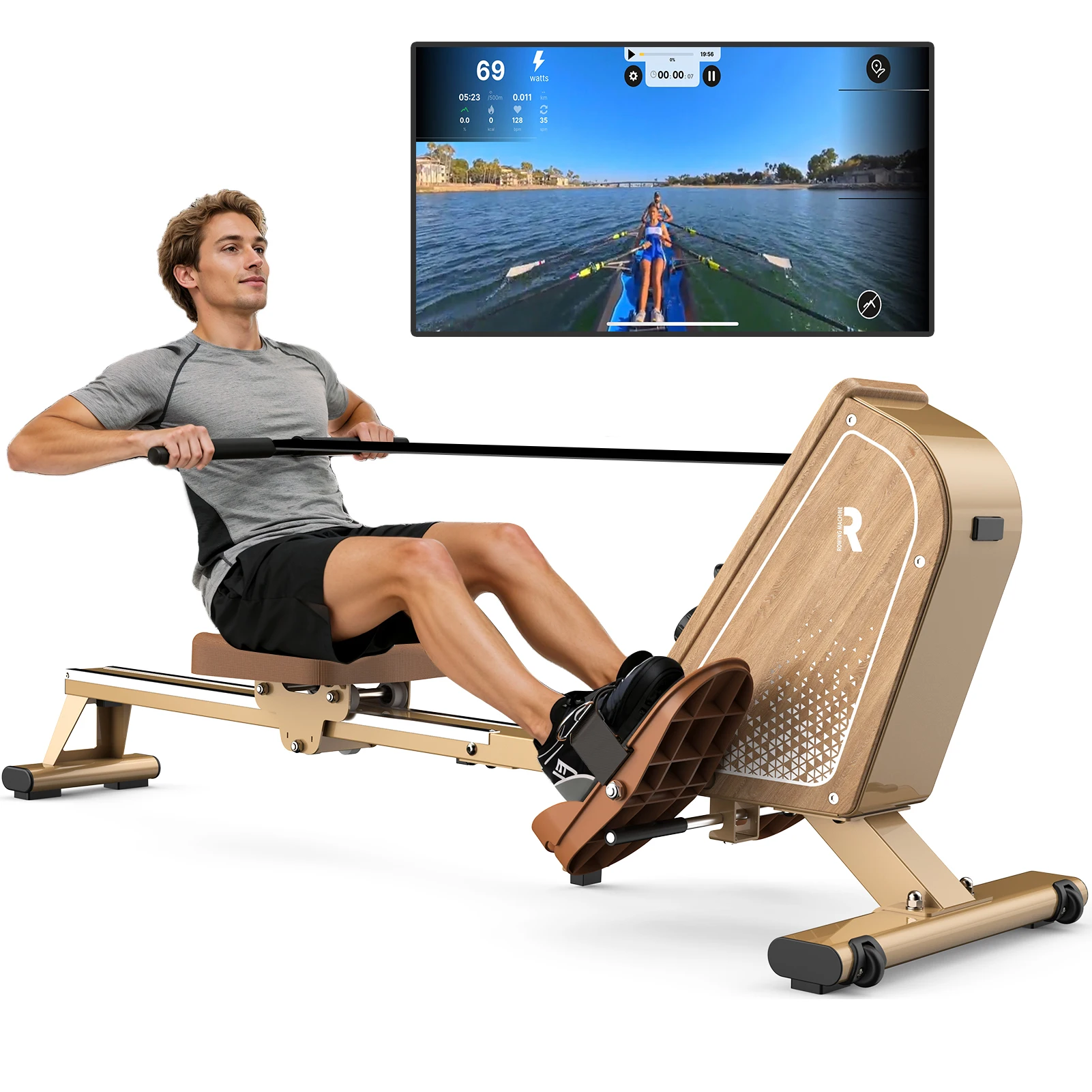 Heim-Rudergerät, Magnetisches Rudergerät mit Bluetooth-Display, 16 Widerstandsstufen, 150kg Tragkraft, Kompakte Vertikale Aufbewahrung