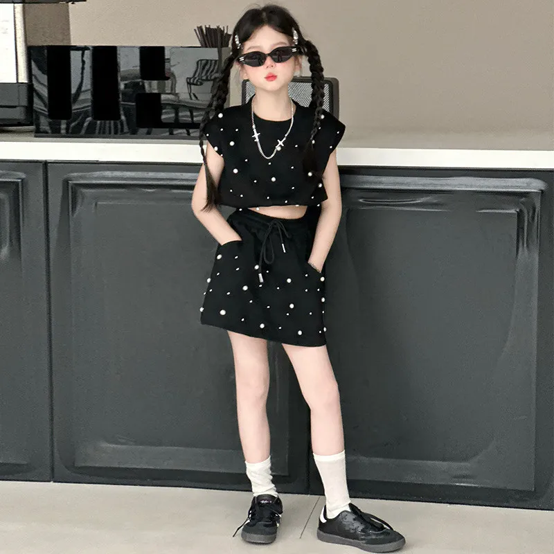

Casual Children Clothes Tracksuit Skirt Sets Girls Pearl Two Piece Outfits Kids Short Sleeve Crop Tops and Mini Skirts Suit