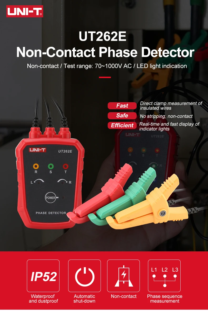 UNI-T UT262E Non-Contact Three Phase Detector Rotation Tester Phase Sequencer Breaker Finder 70V-1000V AC LED Buzzer Indication