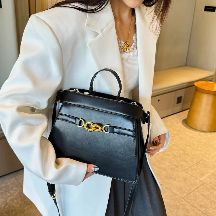 Retro Women's Shoulder Bag Large Capacity Solid Color Handbag, Minimalist Genuine Leather Tote with Adjustable Crossbody Strap