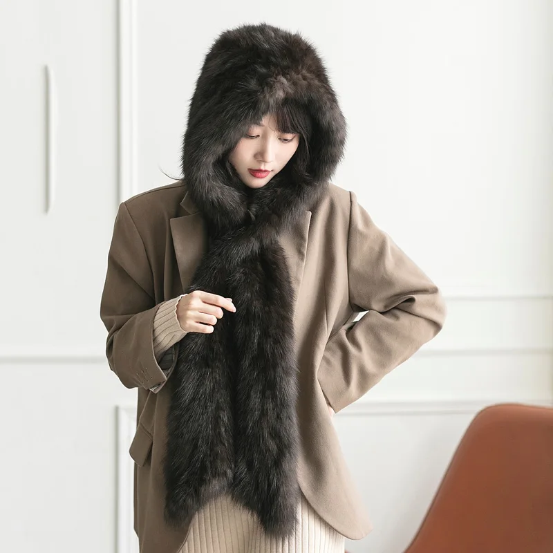 Besfilin Real Sable Chinchilla Fur Scarf Hat Integrated Knitted Mink Fur Hat to Keep Warm for Women Travel Autumn and Winter