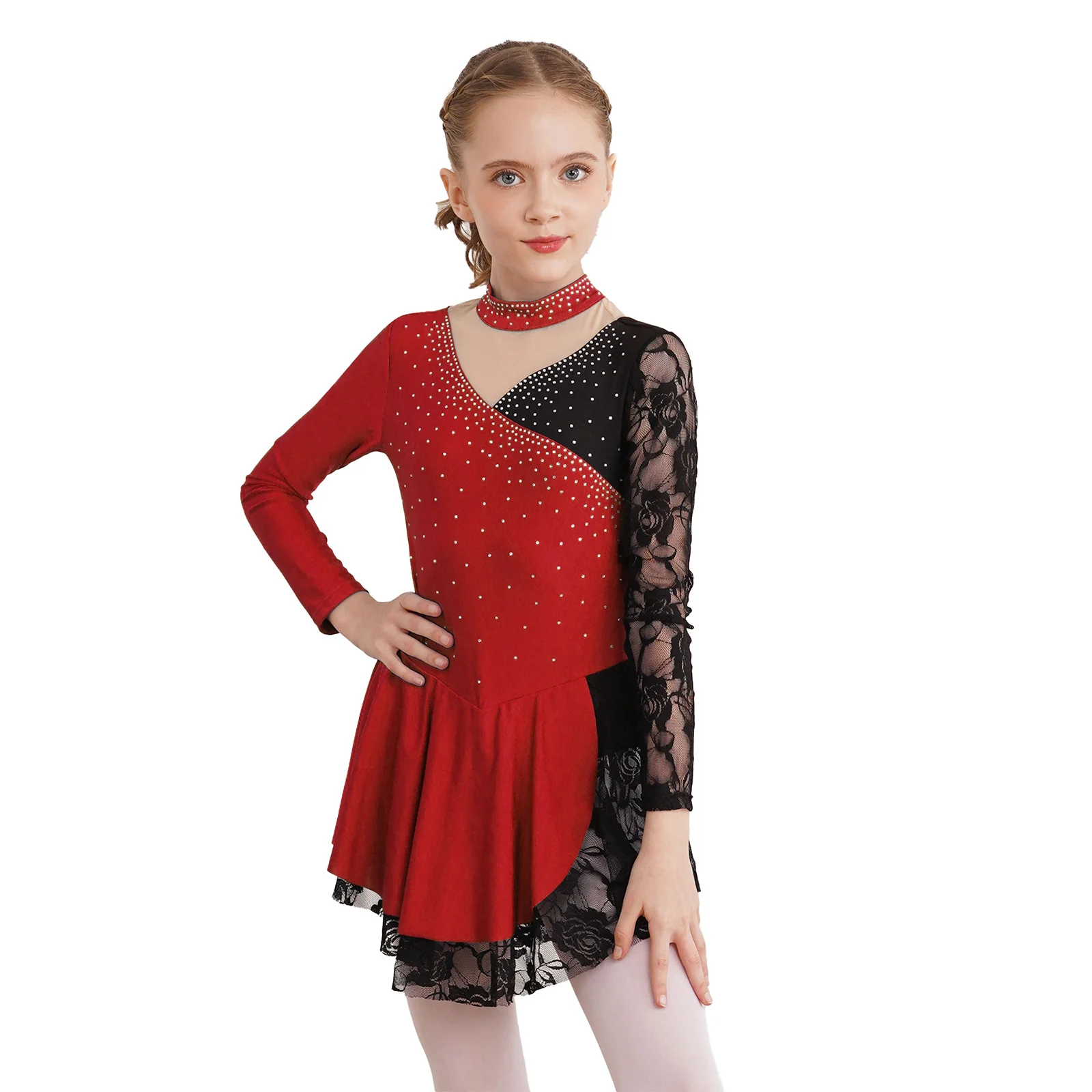 Girls Gymnastics Leotard Ballerina Tutu Kids Ice Figure Skating Costume Rhinestones Long Sleeve Lace Ballet Lyrical Dance Dress