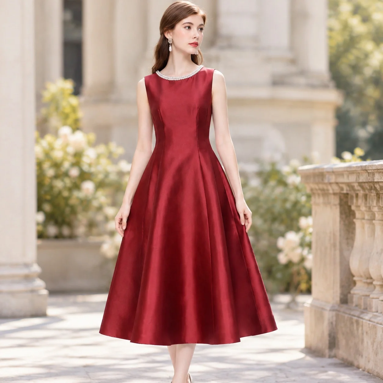A Line Sleeveless Dress Vintage with Summer Mid Length Artistic Retro High Waist Patchwork Slim Fit Wedding Dress for Women