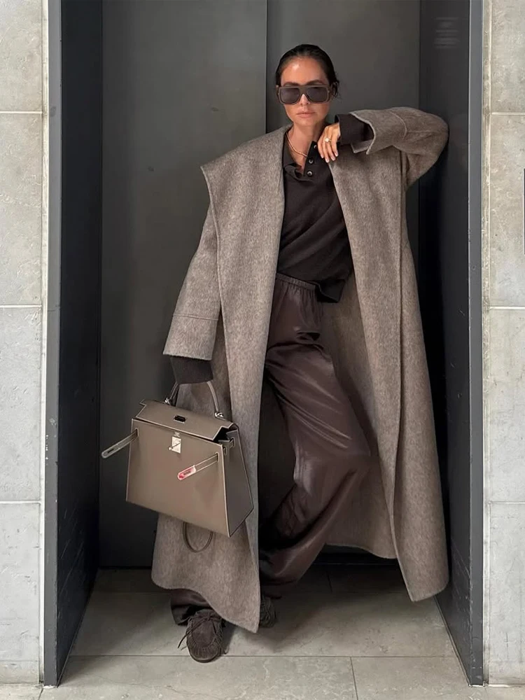 

Luxury Navy-collar Lace Up Woolen Coat Lady Elegant V-neck Full Sleeve Pocket Long Overcoat Spring Women Commute Street Coats