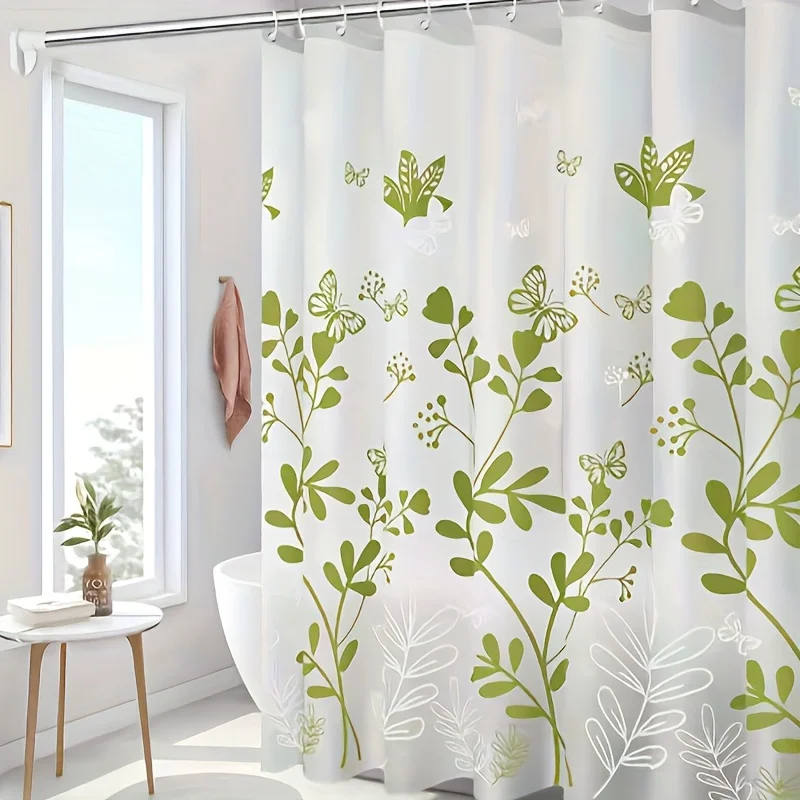 1pc Floral Jacquard Weave PVC Bath Curtain Set with Hooks - Water-Resistant, Durable Room Divider for Bathroom Decor - Suitable