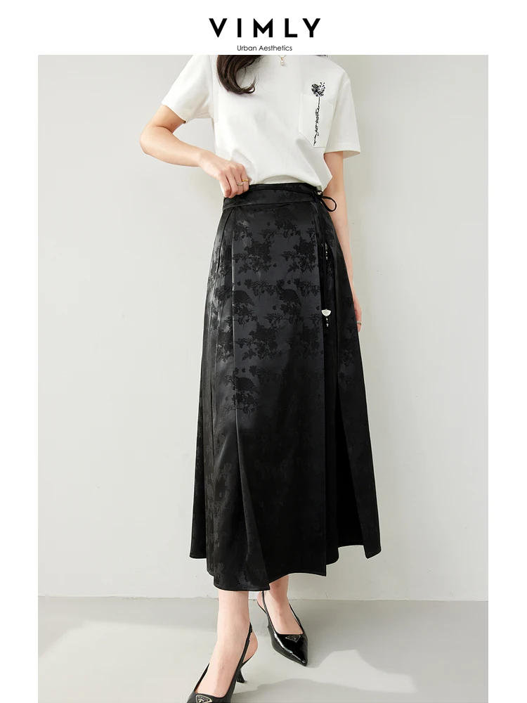 Vimly Jacquard Black Long Horse-face Skirt for Women 2024 Spring Chinese Style Side Pleated Printed A-line Maxi Skirts 16630