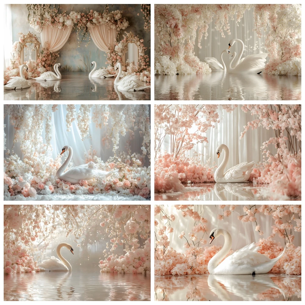 Pink Flowers White Swans Frolicking Background Spring Riverside Natural Scene Baby Shower Girls 1st Birthday Party Photo Props