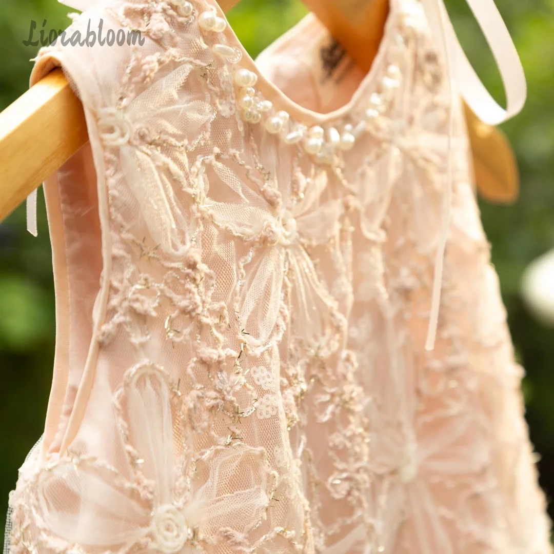 Abito Elegante da Damigella con Perline e Fiori in Tulle, Stile Ricamato, per Matrimoni e Feste - Vestito da Cerimonia