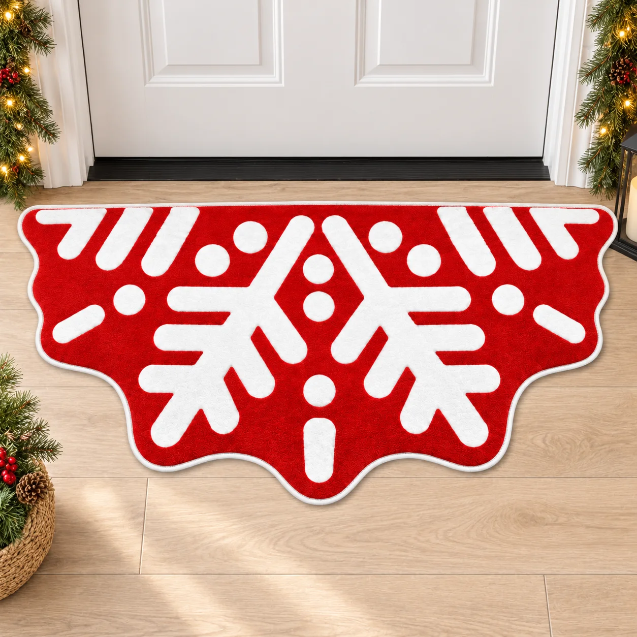 Red Snowflake Shaped Area Rug, Christmas Irregular Floor Mat for Entryway, Kitchen, Bedroom and Festive Holiday Home Decor