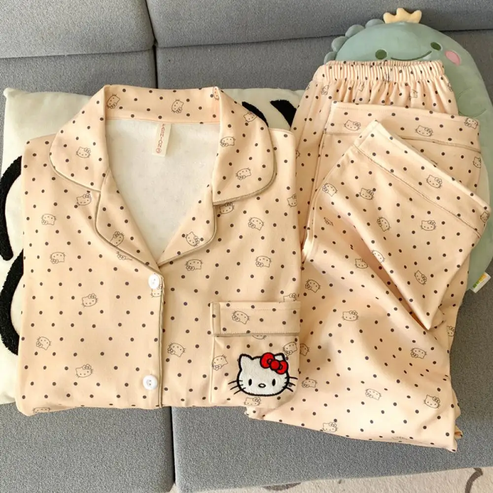 

Женский пижамный костюм с героями мультфильмов, 2 шт., костюм Hello Kitty Sanrio, аниме Kawaii, зимняя теплая милая одежда для девочек с длинными рукавами, домашняя одежда