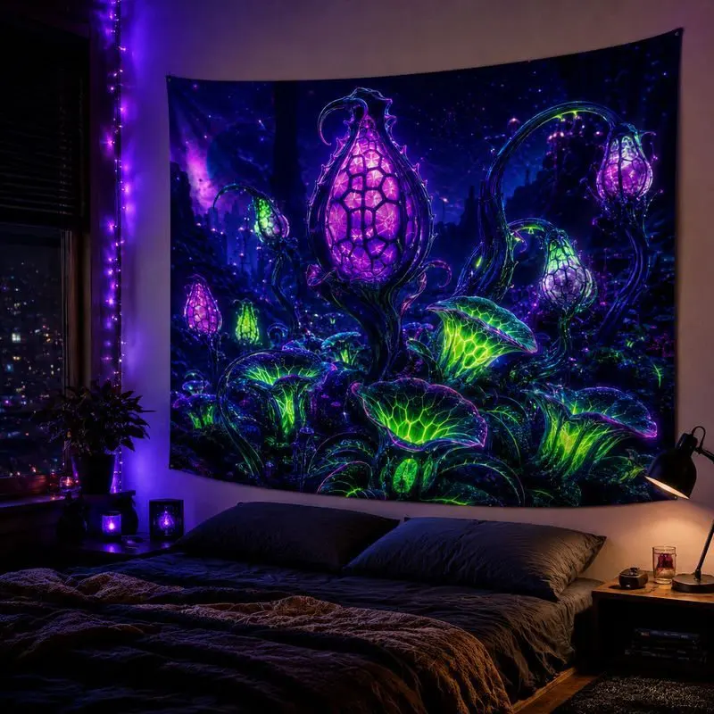 VIKAMA Neon Dragon Tapestry Wall Hanging Purple Blue Wings Fire Dark Fantasy Aesthetic Wall Art Bedroom Dorm Room Decor