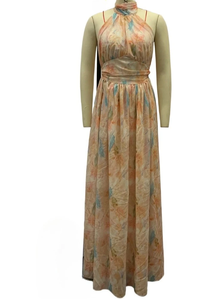 

Halter Backless Print Flowers Long Chiffon Summer Dress