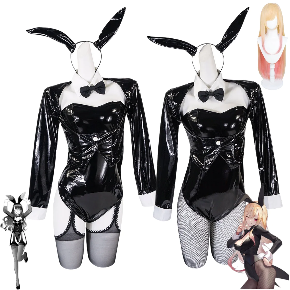 Аниме My Dress-Up Darling Kitagawa Marin Косплей Костюм Банни Девушка Черный Комбинезоны из искусственной кожи Парик Женский Сексуальный Карнавальный костюм на Хэллоуин