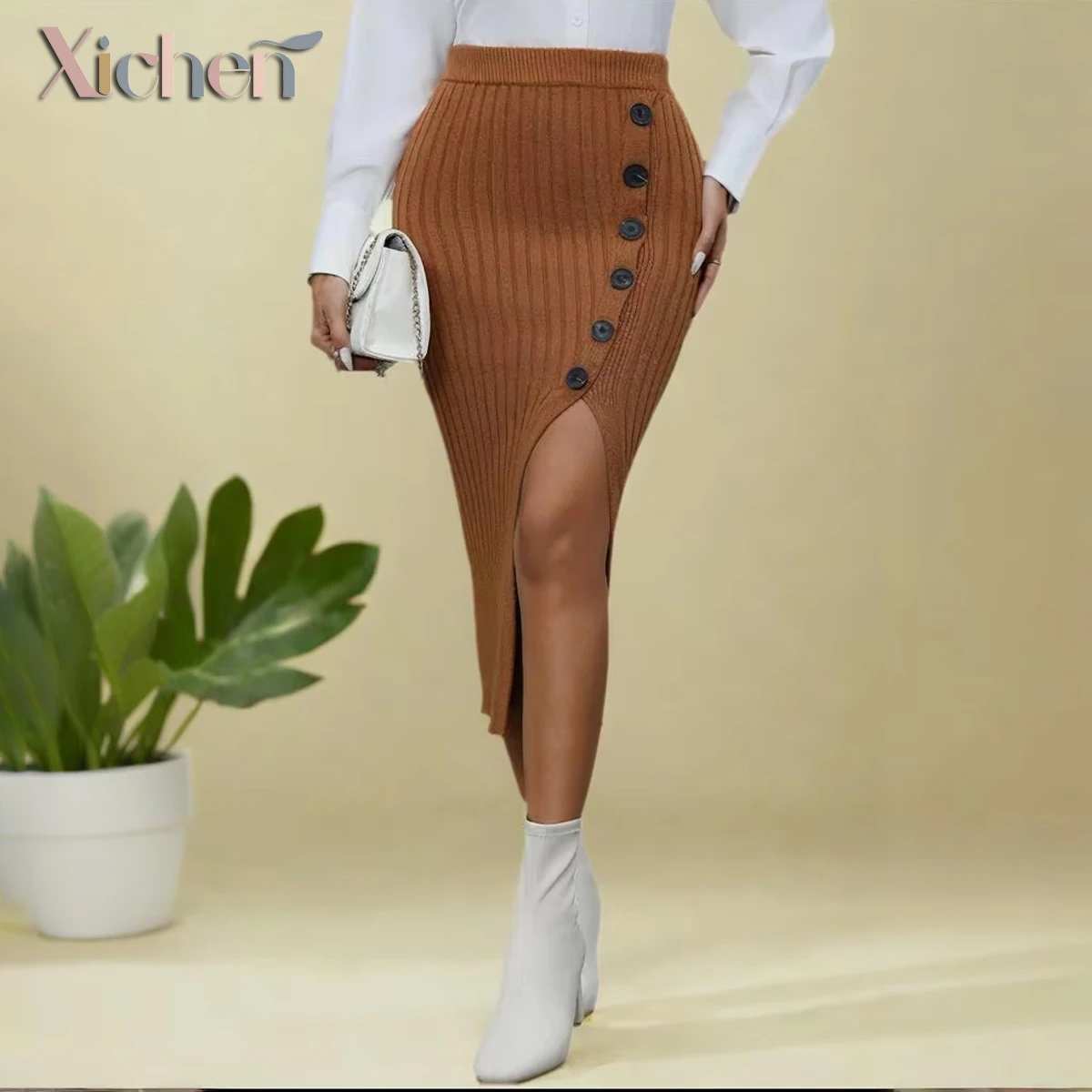 

"Elegant Knitted Midi Skirt with Vertical Stripe & Side Button Slit - Soft Viscose/Nylon/Poly Blend, Stretchy Elastic Waistband