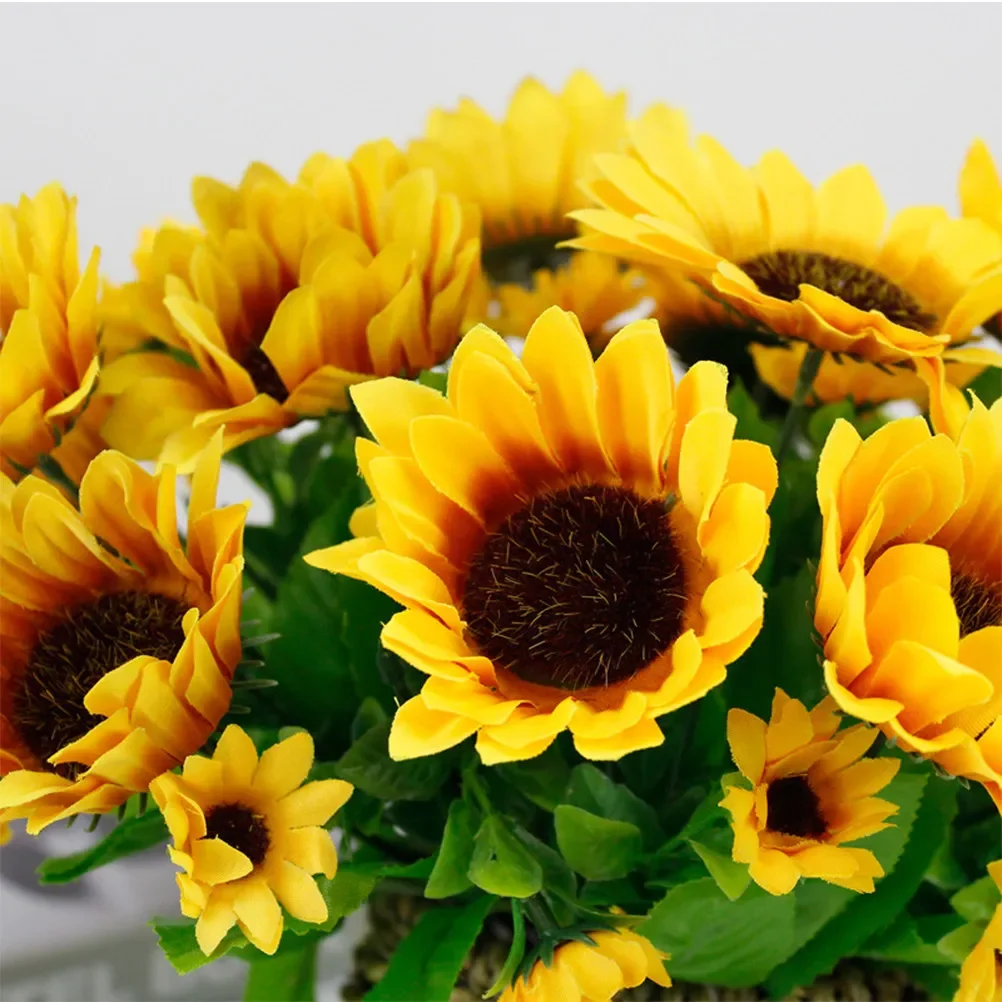 2Pcs Simulation Sunflower 7 Heads Artificial Flower Arrangement Rustic Home Wedding Photography Props Yellow Sunflower Bouquet