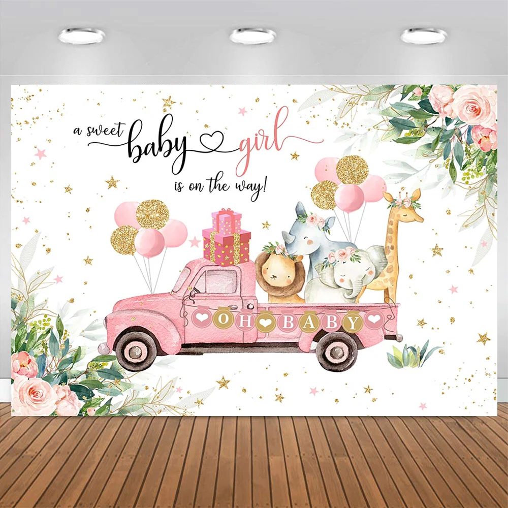 أوه استحمام الطفل صبي فتاة حفلة عيد ميلاد راية خلفية سفاري الحيوان الأخضر شاحنة الغابات بالون هدية ديكور خلفية لامعة