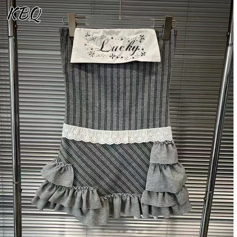 

KBQ Hit Color Slimming Spliced Folds Dress for Women Strapless Sleeveless High Waist Temperament Dress Female Fashion Style New