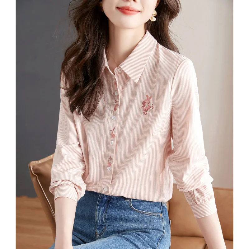 Women\'s Spring Autumn Korean New Polo Collar Striped Shirt Commuter Fashion Embroidered Button Casual Versatile Long Sleeve Tops