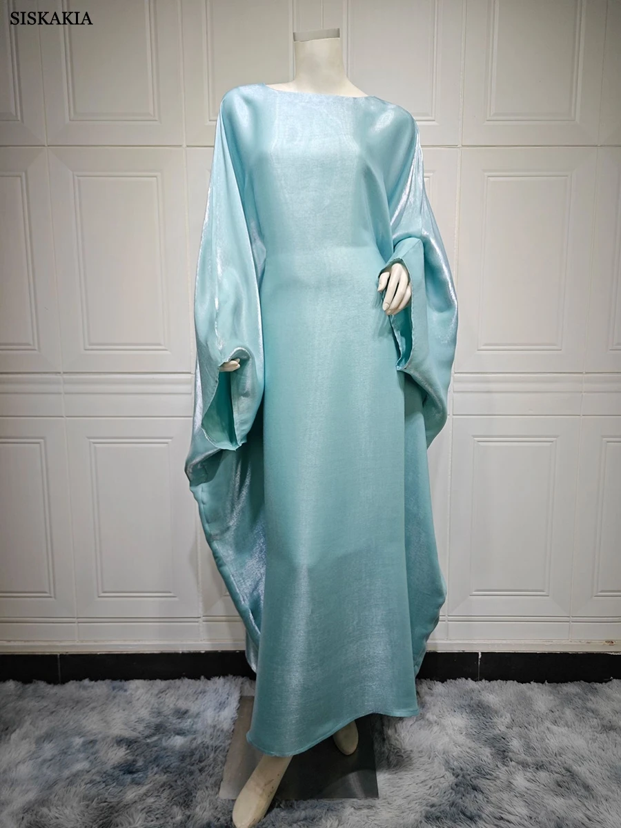 Siskakia Muslim 2024 New Eid Dresses Solid Shiny Satin Batwing Sleeve Modest Kebaya Turkish African Women Abayas Saudi Clothing