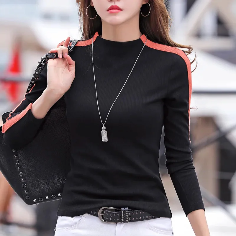 2024 Autumn/Winter Korean New Slim Splicing Bottoming Shirt Women\'s Elastic Long sleeved T-shirt Casual Tops Female Clothes