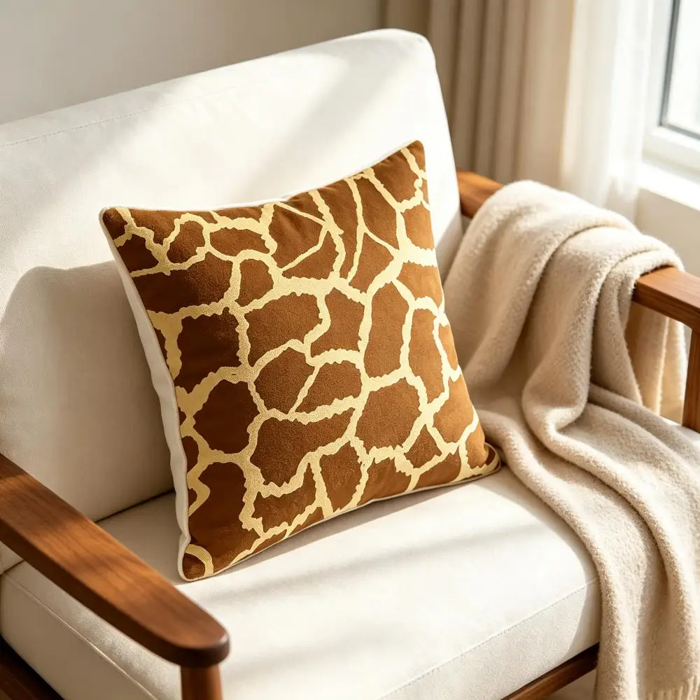 1PC Giraffe Print Pillow Cover, Brown Beige Animal Skin Pattern Polyester Cushion Case for Sofa Living Room Home Decor