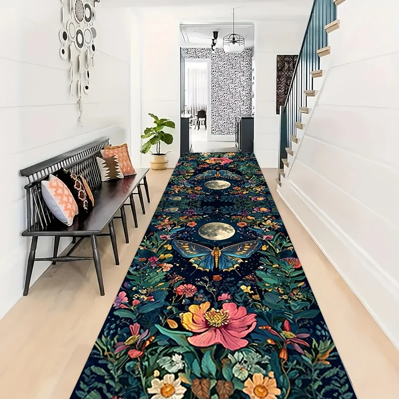 VIKAMA Witchy Moon Moth Floral Runner Rug Dark Botanical Butterfly Long Anti Slip Floor Mat For Bedroom Hallway Cottagecore Deco