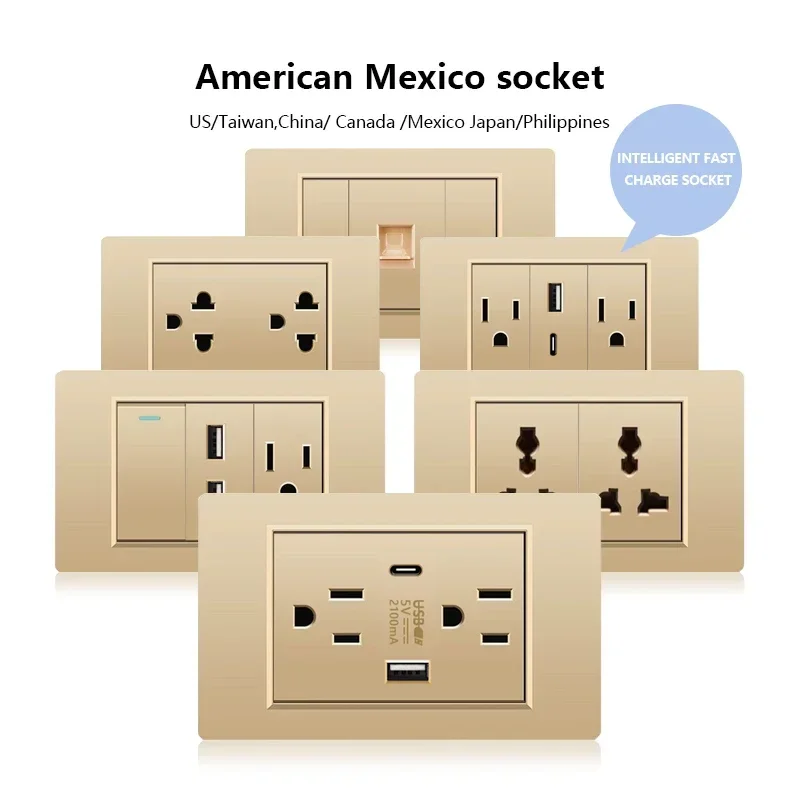 American Mexico Plastic Usb Type-c Power Outlet,US Thai home Wall 2Way Light Switch Panel Gold Dual USB Electrical Socket Plug