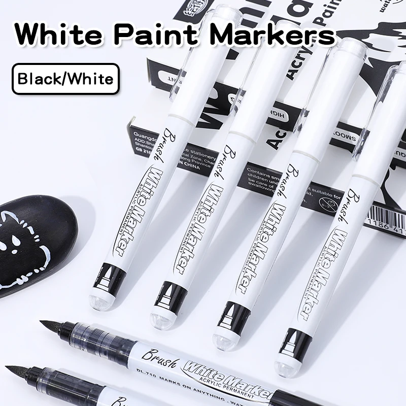

10 Acrylic Paint Pens Markers Black/White Brush Tip Paint Markers For Rock Painting Wood Canvas Stone,Christmas Gift DIY Crafts