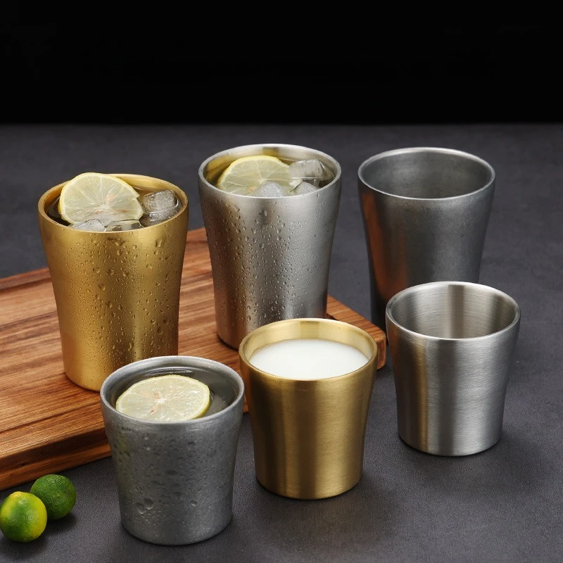 Korean Style Double-layer Water Cup Barbecue Restaurant Home Heat-insulating SUS304 Golden Milk Cup Small Waist Retro Beer Cup