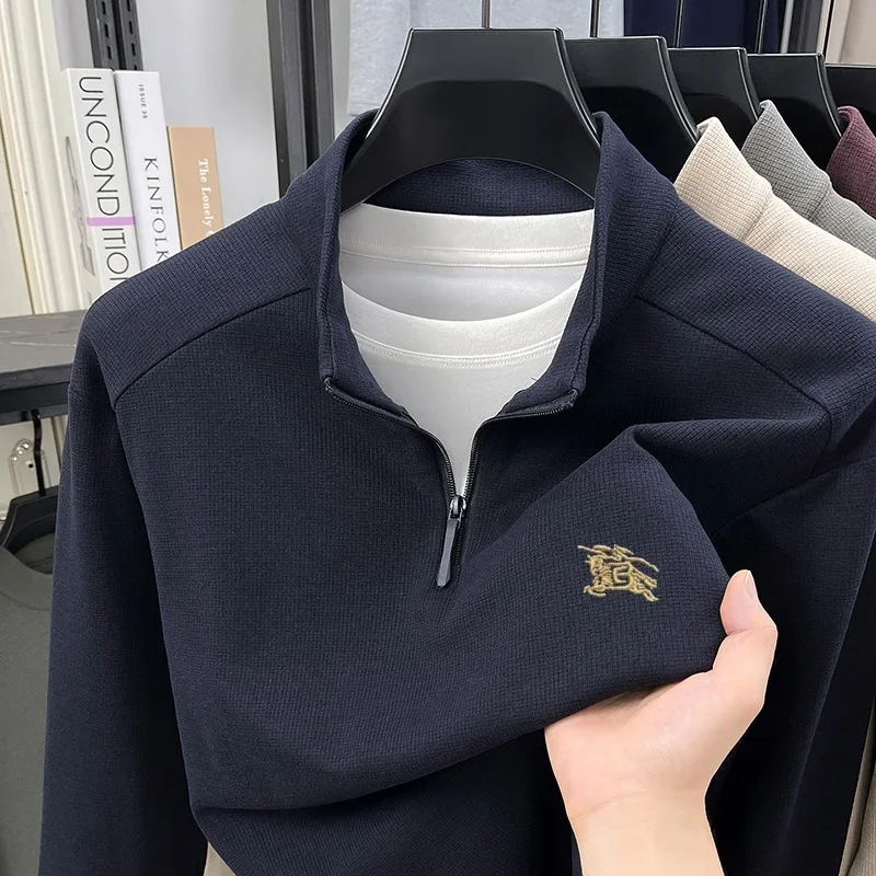 Exquisite men clothing brand comfortable velvet warm Paul Pony embroidered knitted pullover autumn zipper semi high neck sweater