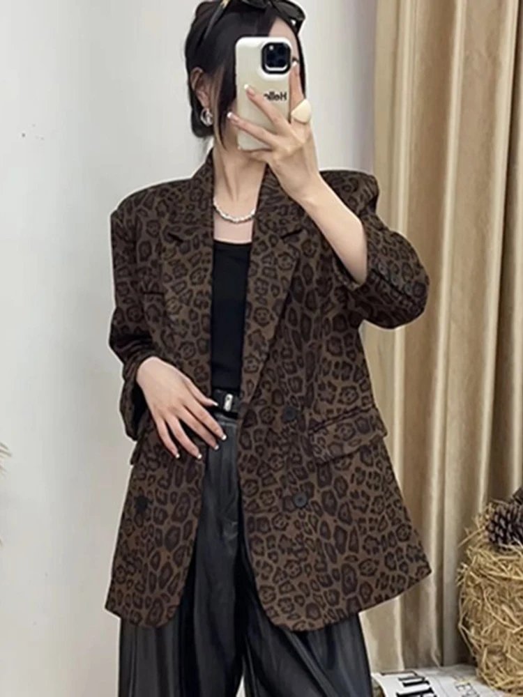 Jmprs Streetwear Vrouwen Luipaard Blazer Vintage Lange Mouw Slanke Y2K Pak Jas Amerikaanse Harajuku Casual Herfst Winter Retro Tops Nieuw