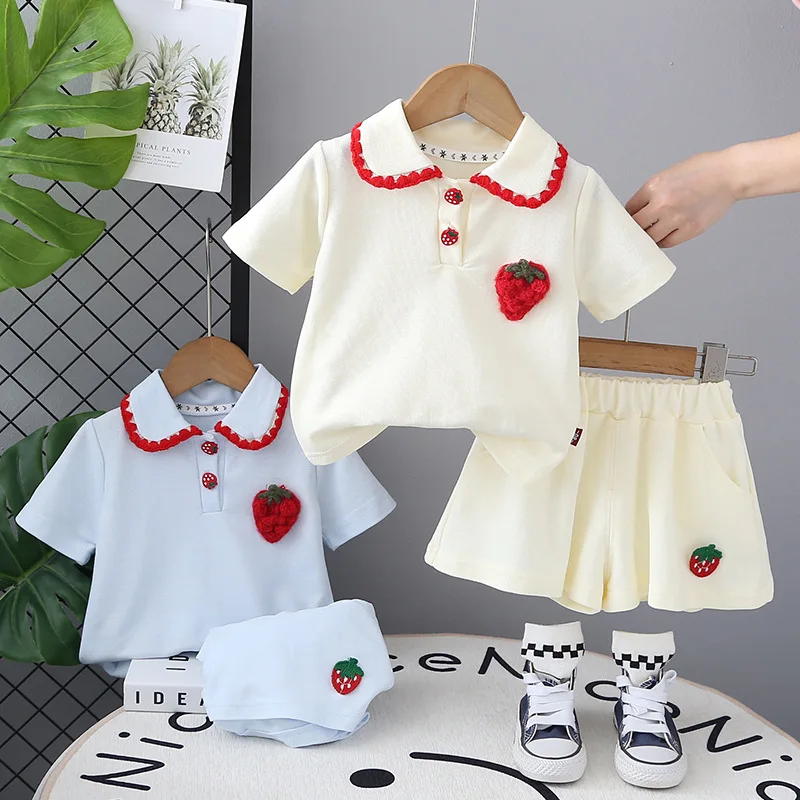 

New Summer Kids Clothes Set Girls Cute Strawberry Polo Shirt +Shorts 2PCS Children Fashion Doll Collar Outwear Sets 1-5T