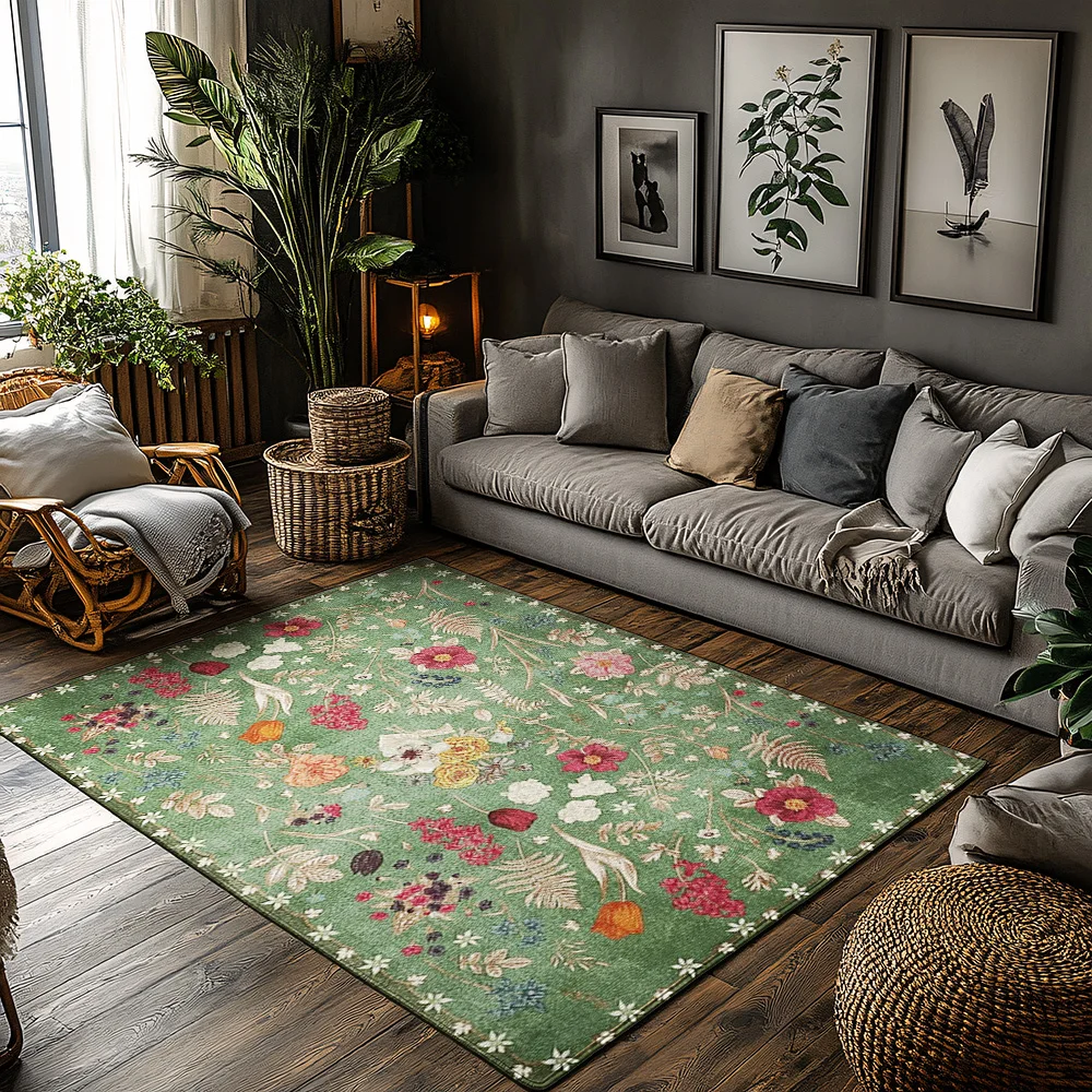 

Green Floral Bohemian Area Rug, Multicolor Pattern Non-Slip Carpet, Cozy Living Room Mat for Natural Home Decor
