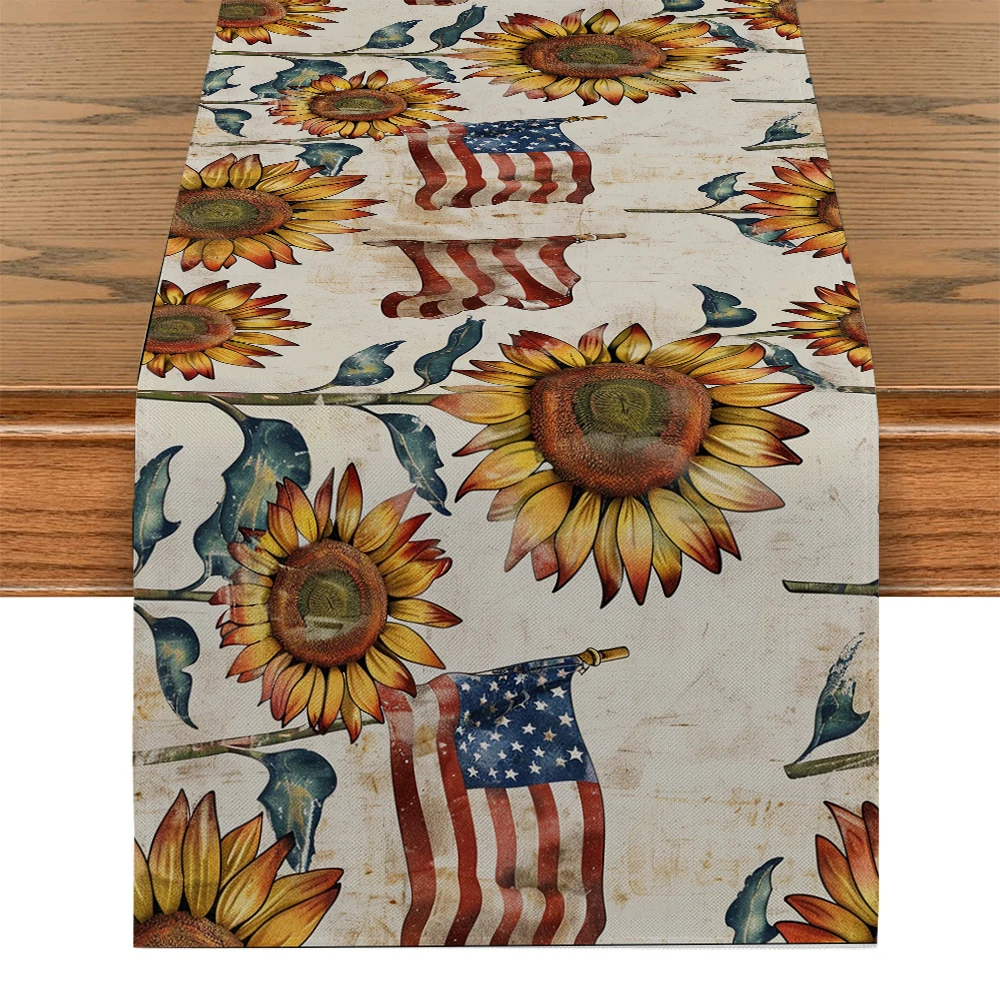 Independence Day Sunflower Stars Table Runners Dresser Decor for Kitchen Holiday Party Table Runner Washable Dining Long Cloth