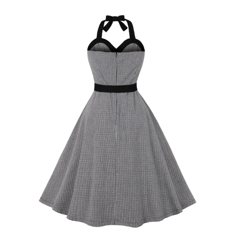 2024 New Hepburn Retro Black White Gingham High Waist Sexy Halter Party Dresses for Women Single Breasted 50s 60s Backless Dress