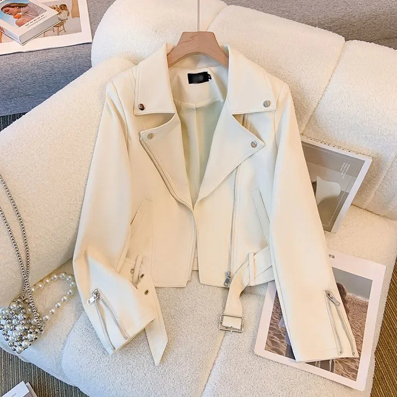 

2026 Spring Autumn New Short Leather Jacket Women Zipper Spliced Sash Motorcycle Lapel Pu Leather Coat Female Casual Tops B1381