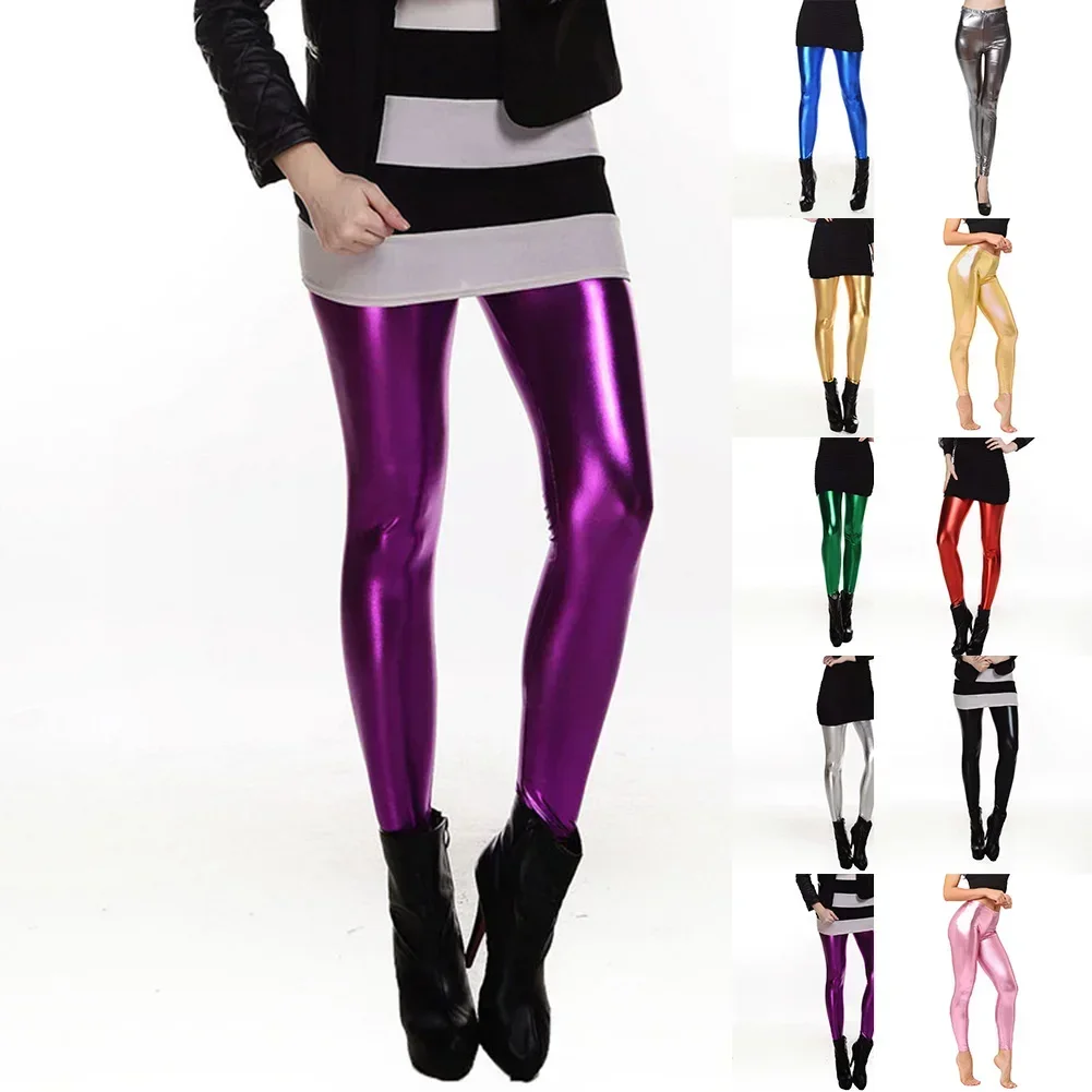 

Women Sexy Pant Shiny Gold Patent Leather Trousers Slim Fit Middle Waist Leggings Sexy Clubwear Fashion